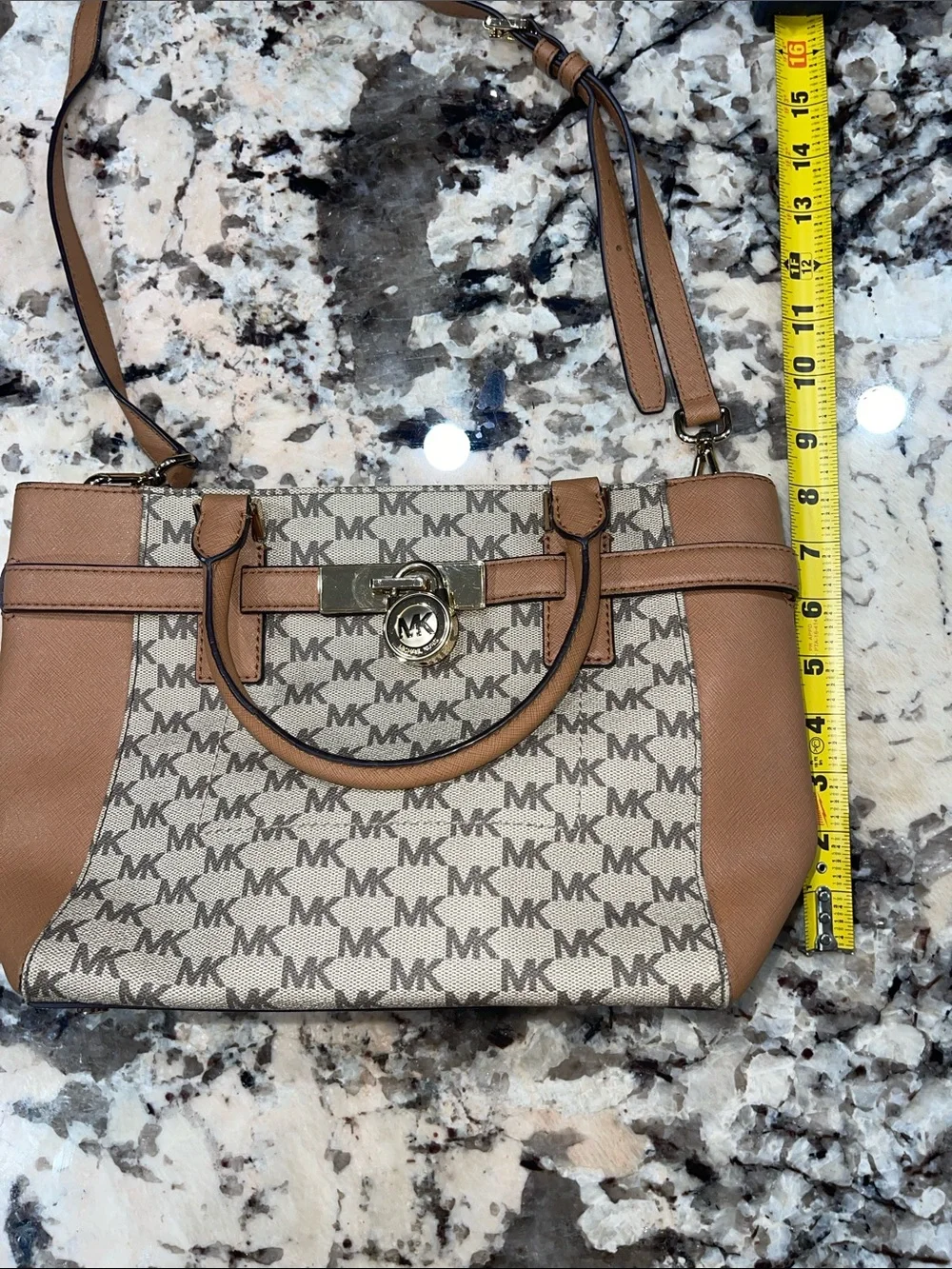 Michael Kors Beige MK Logo Satchel with Tan Trim and Gold Hardware